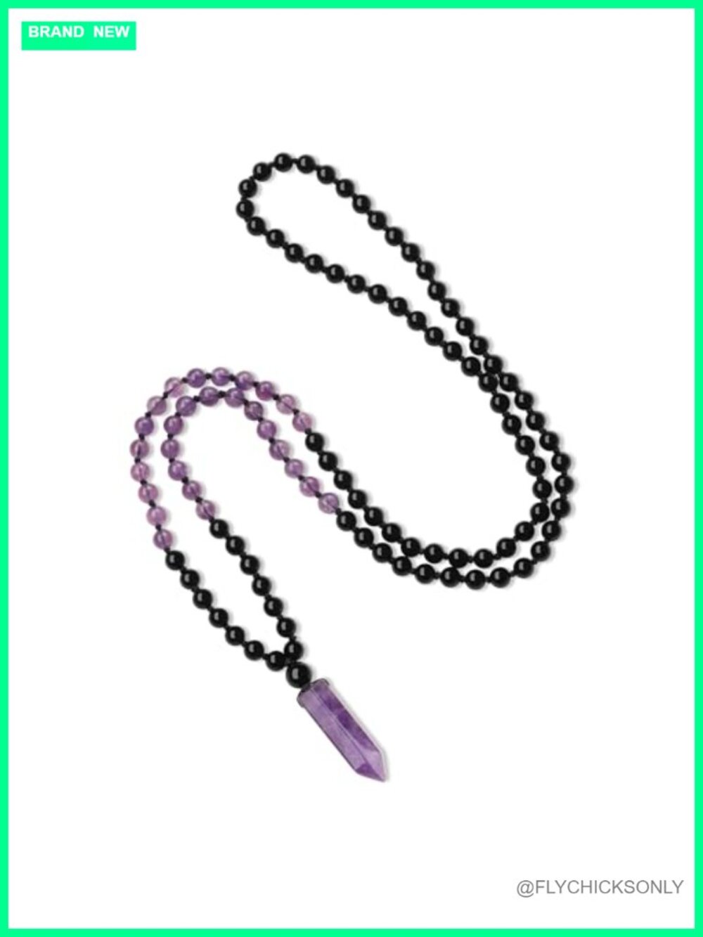 Hand-Knotted 108 Bead Mala Necklace Black Onyx Amethyst Crystal Pendant